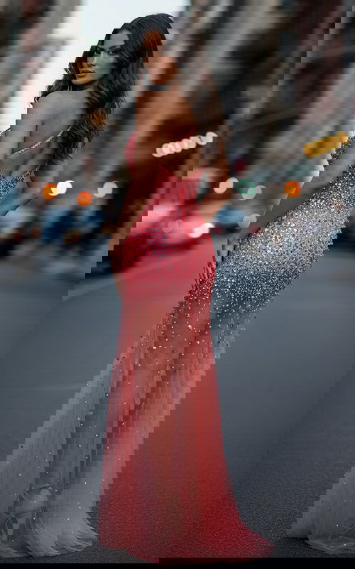 Elegant woman in coral one shoulder sequin gown with open back and sheer tulle overlay walking downtown.