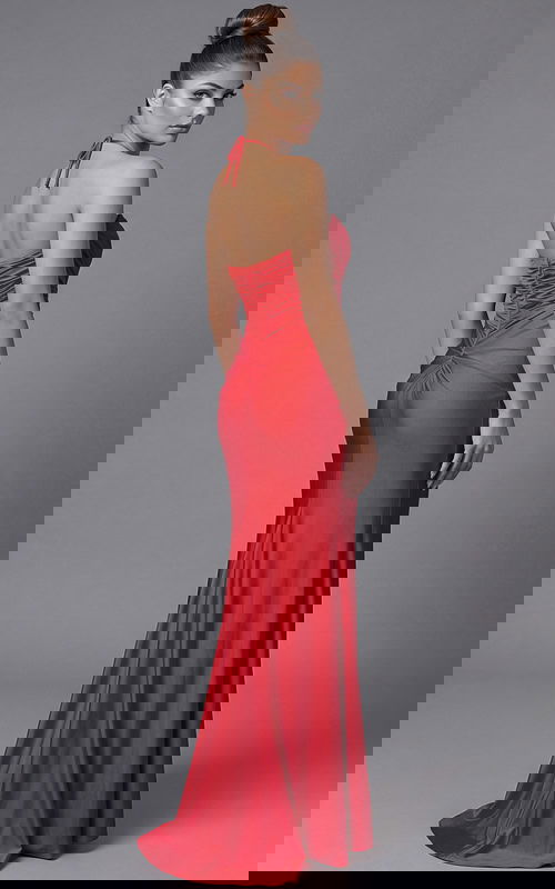 back of red halter neck satin dress 43041