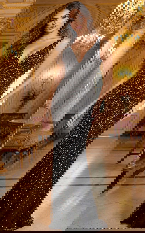 Beaded evening gown with deep V neckline and fitted silhouette