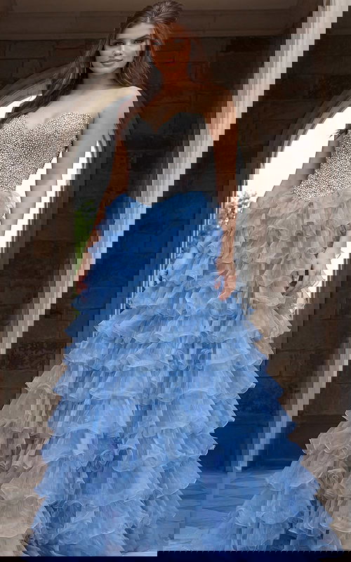 Strapless gown with fully beaded sweetheart bodice and voluminous tiered ruffle skirt in sheer layered fabric