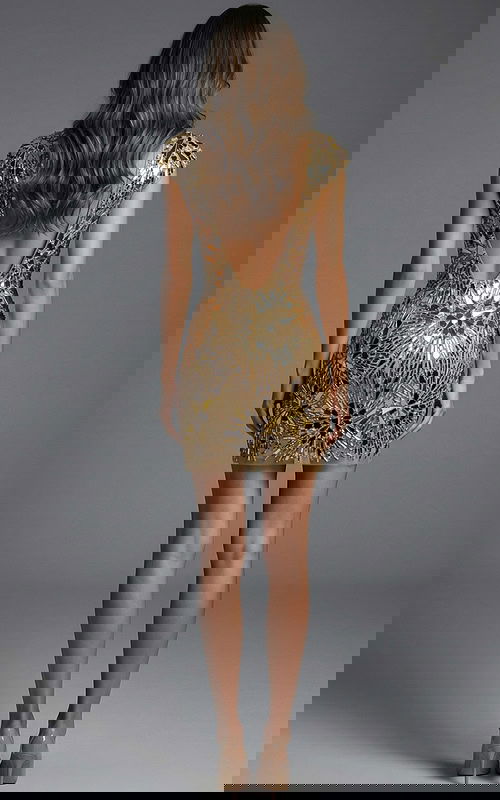 Back view of gold beaded short dress with open back and sleek fitted silhouette