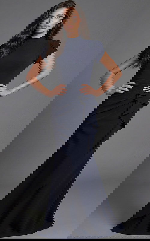 Fitted evening gown with high neckline and cap sleeves