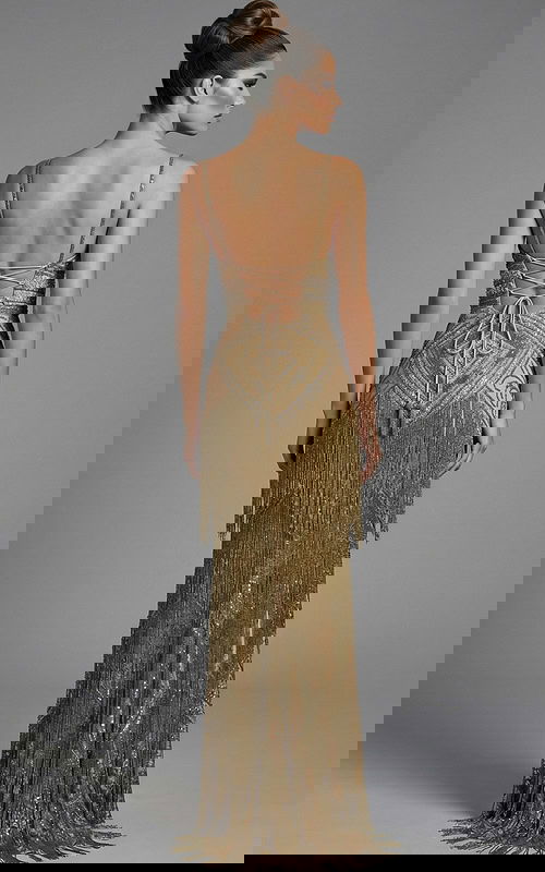 Back view of off shoulder gown with ruffled bodice and smooth flowing skirt