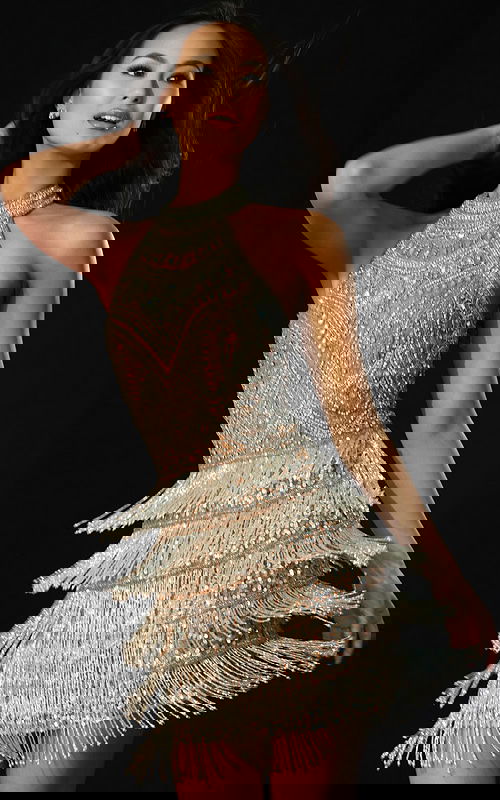 Silver embellished party dress with open back and sparkle fringe